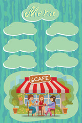 Fototapeta na wymiar Vector illustration of people at the cafe outdoor. Template for menu, brochure, flyers.