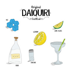 how to make an original daiquiri cocktail set with ingredients for restaurants and bar business vector illustration