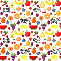 Fresh fruits flat style seamless background. Healthy food patern.