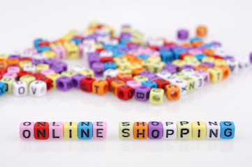 ONLINE SHOPPING Words with Dices On White Background