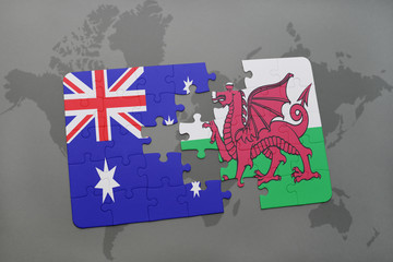 puzzle with the national flag of australia and wales on a world map background.