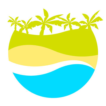 Vector print for t-shirt. Sandy beach and palm trees