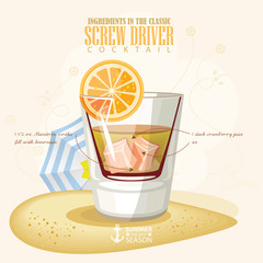 Vector illustration of popular alcoholic cocktail. Screw driver club alcohol shot.