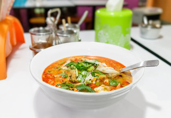 Thai cuisine, Tom Yum soup with seafood, hot and spicy clear soup is typical for Thailand.