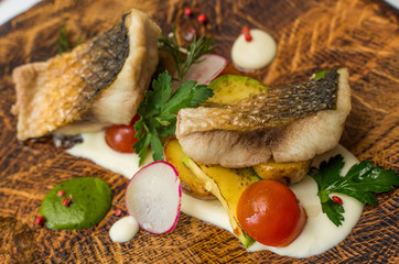Fine dining, Seabream fish fillet breaded in herbs with potato