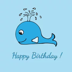 Foto op Canvas Blauwe kleine walvis wenskaart Gefeliciteerd met je verjaardag © ellinanova