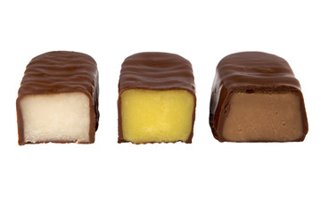 Cut chocolate candies with different fillings