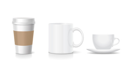 Set of coffee cups Realistic coffee set with paper cup china mug