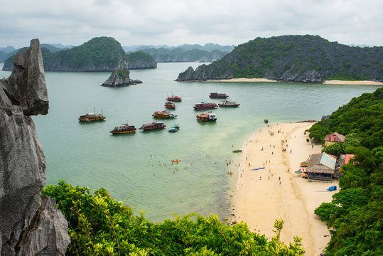 View of Monkey Island beach a popular tourist destination in Cat Ba Island, Vietnam