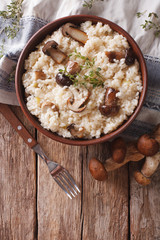 risotto with porcini mushrooms and thyme close-up. Vertical top view
