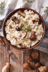 risotto with porcini mushrooms in a bowl close-up. Vertical top view 

