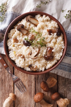 risotto with porcini mushrooms in a bowl close-up. Vertical top view 
