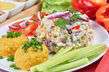 Chicken and vegetable salad on a white plate. Salad ingredients