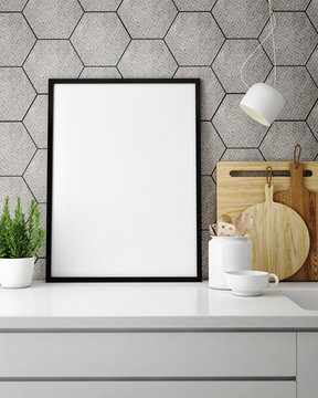 mock up poster frame in hipster kitchen, interior backround, 3D rendering, 3D illustration
