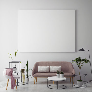 mock up blank poster on the wall of hipster living room, 3D rendering, 3D illustration