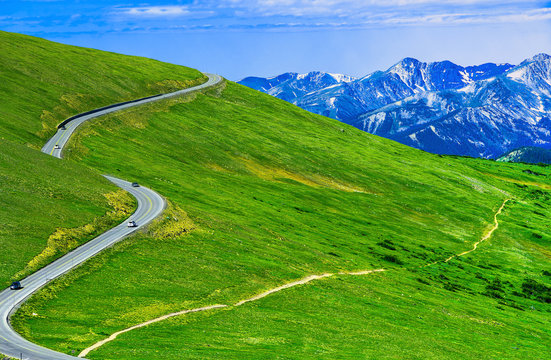 Aerial View Of Rocky Mountain National Park And A Winding Road In Alpine Country.  Rocky Mountain National Park, Colorado USA.