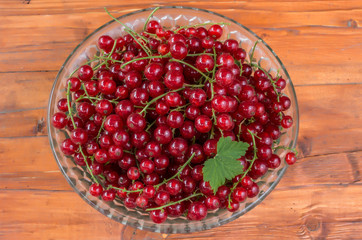Red currants in a clear glass bowl on a background of painted wood.