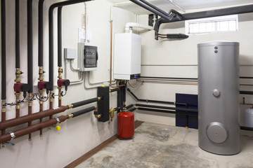 condensing boiler gas and solar tank in the boiler room