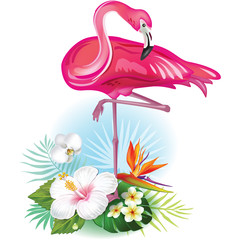 Arrangement from tropical flowers and Flamingo