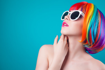 beautiful woman wearing colorful wig