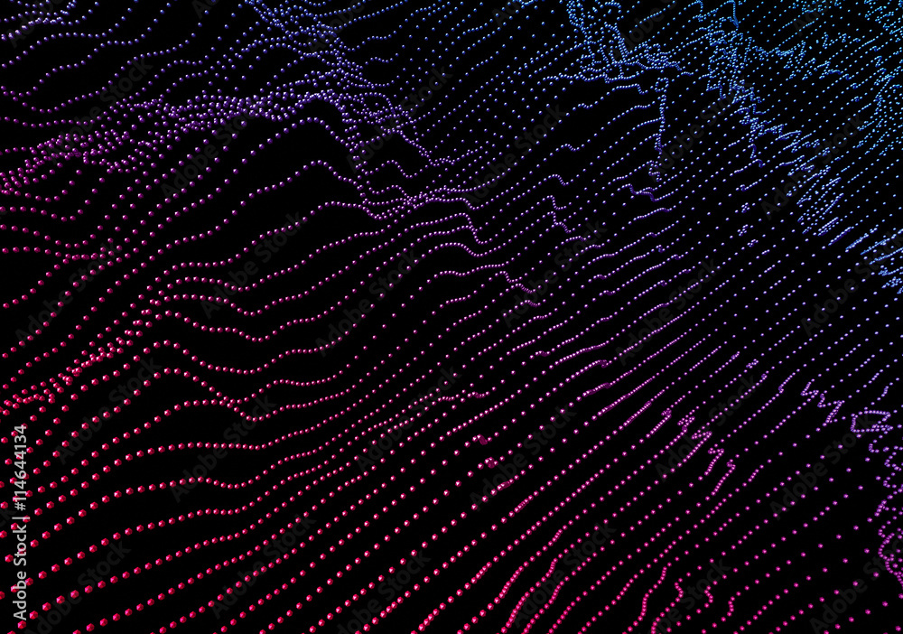 Poster abstract 3d rendering of waves with particles on black background. futuristic background with lines 