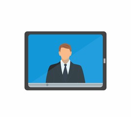 tablet screen with the a man in a suit on video. Marketing concept in flat style. Vector illustration, flat design. Background for web and mobile applications
