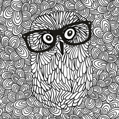 Fototapeta premium Doodle pattern with black and white hipster owl image for coloring.