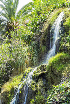 Waterfall In The Meditation Garden In Santa Monica, United States. Park Of Five Religions At The Lake Shrine, Landscape. 