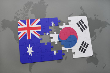 puzzle with the national flag of australia and south korea on a world map background.