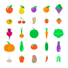 Farm fruits and vegetables flat vector icons set. Organic healthy food symbols. Harvest infographic elements. Agriculture design elements. Apple, tomato, pepper, cherry, berries, carrot, cucumber etc