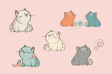 Set of cartoon characters vector cats who sit with different faces