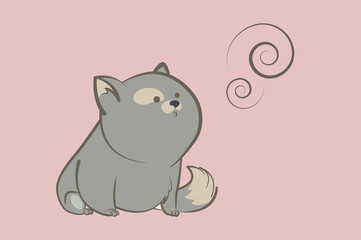 fat gray cat sitting and looking with interest on abstract rings. Animal cartoon style vector illustration