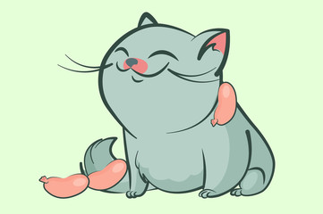fat blue cat smile narrowed eyes hung with sausage on a white background. Happy pet with food. Cute vector illustration.