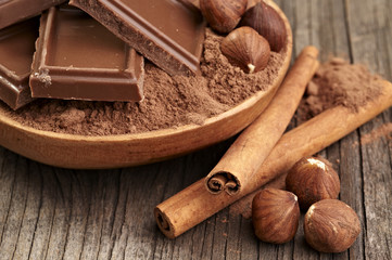 Chocolate with hazelnuts cocoa powder and cinnamon