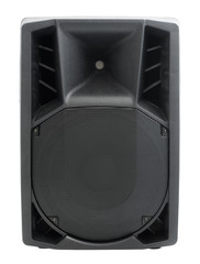 Obraz premium Black Audio Speaker Isolated on White Background, Front View.