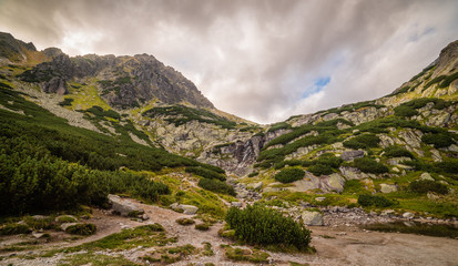 Mountain Landscape with Skok Waterfall on Cloudy Day. Mlynicka Valley, High Tatra, Slovakia. © kaycco