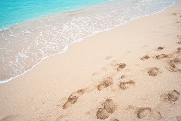 Fototapeta na wymiar Footprints on the sandy coastline