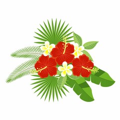 A bouquet of tropical flowers and leaves isolated on a white background. Flowers of hibiscus and plumeria, palm leaf, monstera. Floral pattern. plumeria and hibiscus.