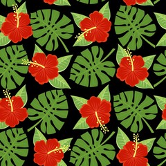 seamless tropical leaves and flowers - monstera and hibiscus