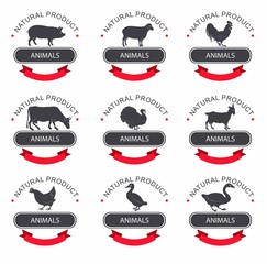 Set of detailed quality vector silhouettes of chicken, rooster, goose, turkey, duck. label templates with farm birds. Set of labels, badges and design elements/ pork, beef, lamb, milk