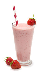 strawberry smoothie in a tall glass on a white background