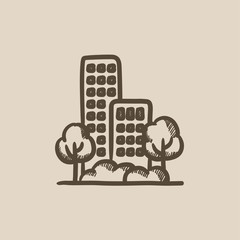 Residential building with trees sketch icon.