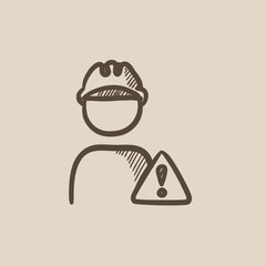 Worker with caution sign sketch icon.