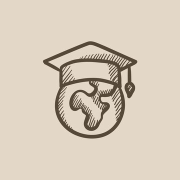 Globe in graduation cap sketch icon.