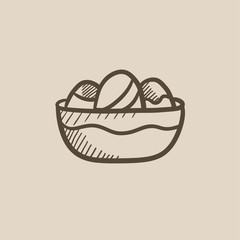 Bowl full of easter eggs sketch icon.