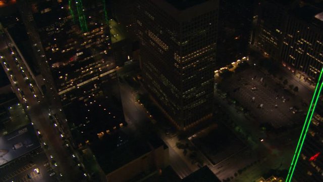 Looking down onto deserted streets at night in Dallas, Texas