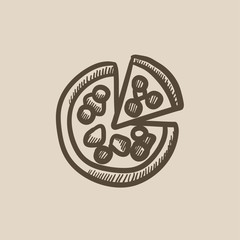 Whole pizza with slice sketch icon.