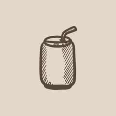 Soda can with drinking straw sketch icon.