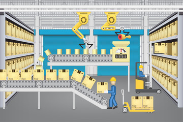 Manufacturing production, food process industry with box, automated machine i.e. conveyor belt, production line, robot inside factory plant, warehouse. Include operator, forklift. Vector illustration.