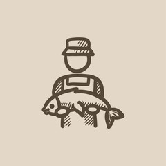 Fisherman with big fish sketch icon.